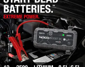 ავტომანქანის დამქოქი ,,jump starter ჯამფ სტარტერი - ბუსტერი NOCO Boost X GBX75: 2500A  შექმნილია და ინჟინერიულია აშშ-ში. ქოქავს 8.5 ლ-მდე ბენზ, და 6.5 ლ-მდე დიზ.  მოცულობის ძრავებს,