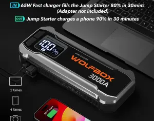 ავტომანქანის დამქოქი ,,jump starter" ჯამპ სტარტერი.  GOOLOO GT3000 100W ორმხრივი სწრაფი დამუხტვა SuperSafe 12V ბატარეა. - 3